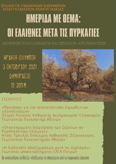 Ο ΣΥΛΛΟΓΟΣ ΓΕΩΠΟΝΩΝ ΕΛΕΥΘΕΡΩΝ ΕΠΑΓΓΕΛΜΑΤΙΩΝ Ν. ΗΛΕΙΑΣ ΔΙΟΡΓΑΝΩΝΕΙ ΗΜΕΡΙΔΑ ΜΕ ΘΕΜΑ "ΟΙ ΕΛΑΙΩΝΕΣ ΜΕΤΑ ΤΙΣ ΠΥΡΚΑΓΙΕΣ: ΔΙΑΧΕΙΡΙΣΗ ΕΛΑΙΟΔΕΝΔΡΩΝ & ΖΙΖΑΝΙΩΝ - ΑΠΟΖΗΜΙΩΣΕΙΣ", 3-10-2021, ΑΡΧΑΙΑ ΟΛΥΜΠΙΑ